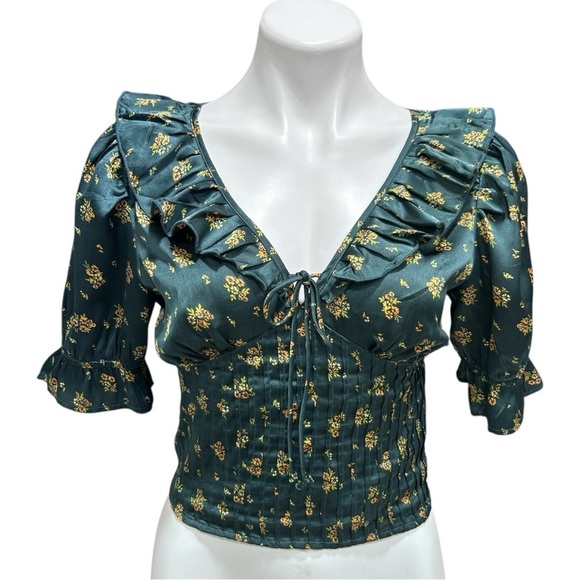 Free People Isabella Silky Floral Blouse in Jewel Forest Ruffle Detail - Picture 4 of 11